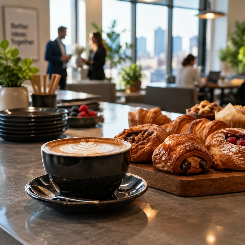 Coffee and pastries on an office counter